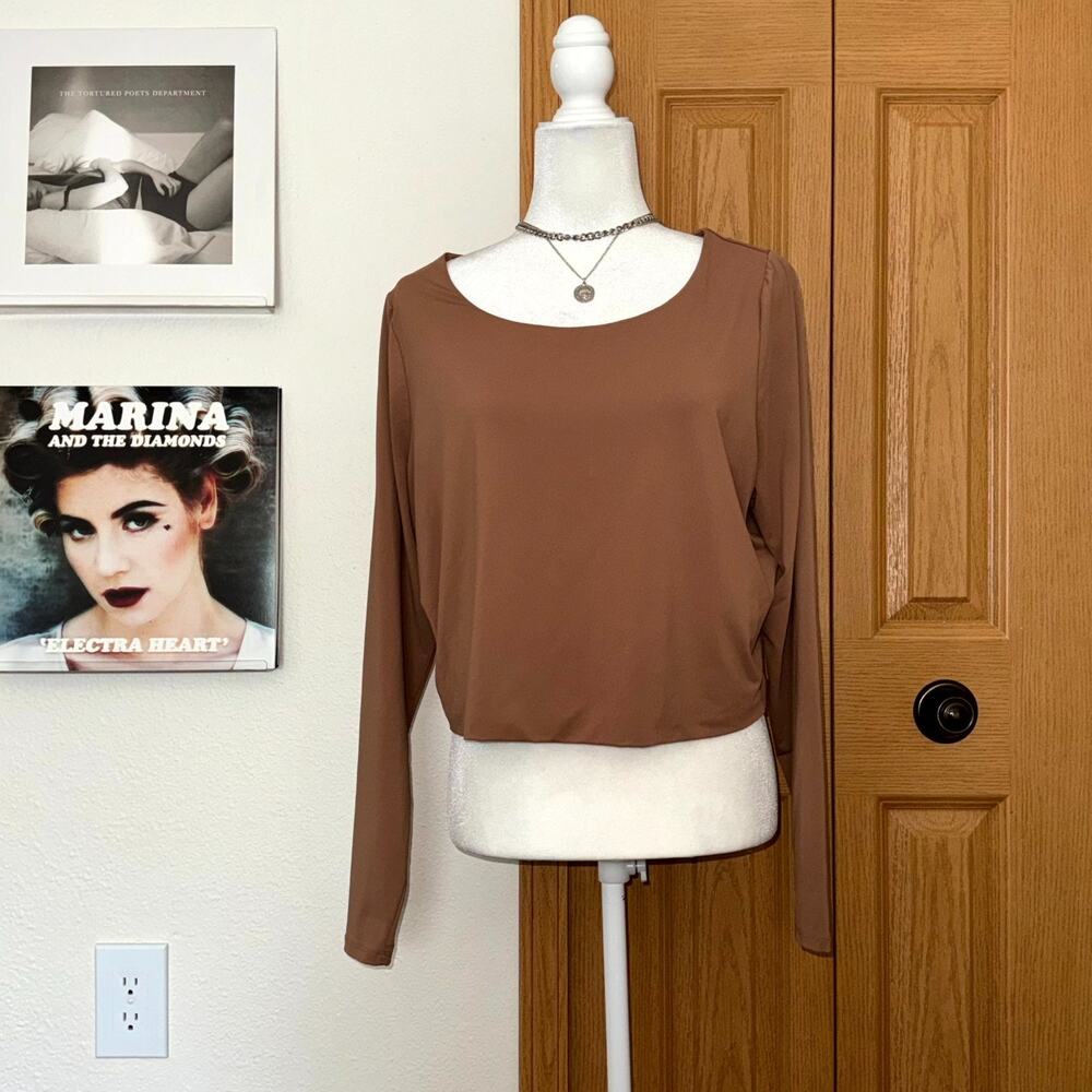 Lane Bryant Long Sleeve Cropped Shirt Womens 18/20 Brown Scoop Neck Pullover